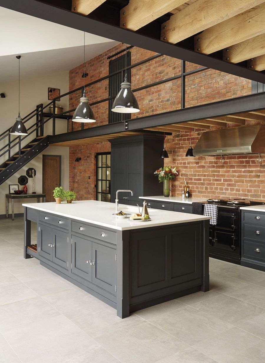 Gray Cone Pendant Lights in Industrial Kitchen via Tom Howley