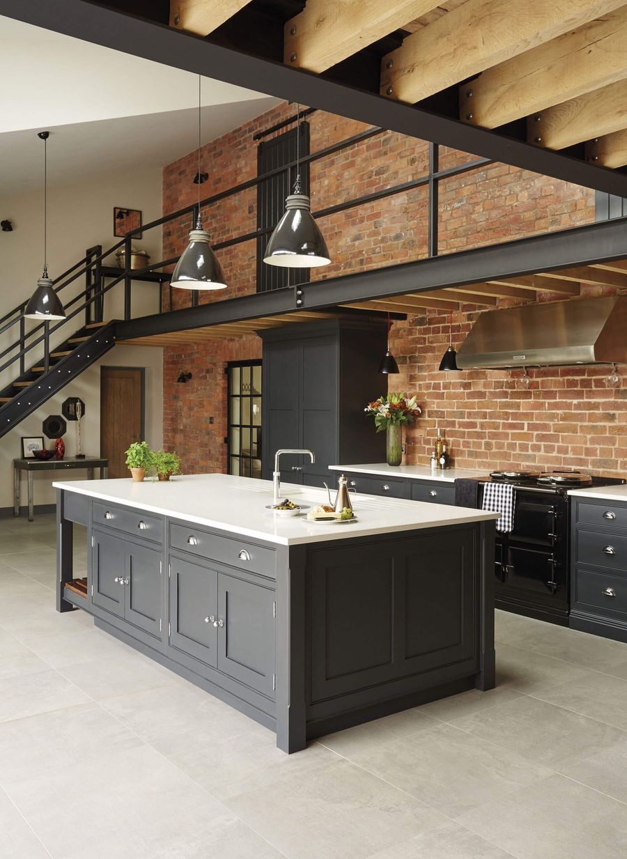 Gray Cone Pendant Lights in Industrial Kitchen Loft Design with upper mezzanine walkway via Tom Howley