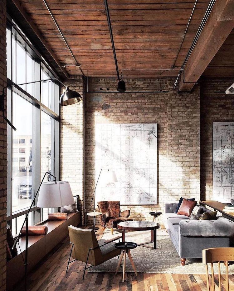 Gray Velvet Sofa in Industrial Living Room Loft via @canarygrey