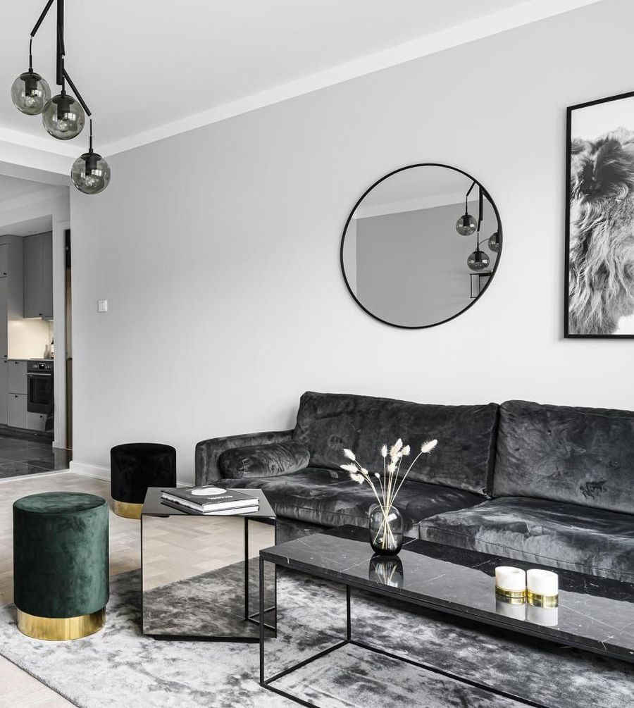 Gray Velvet Sofa in Scandinavian Living Room via vaningen.se