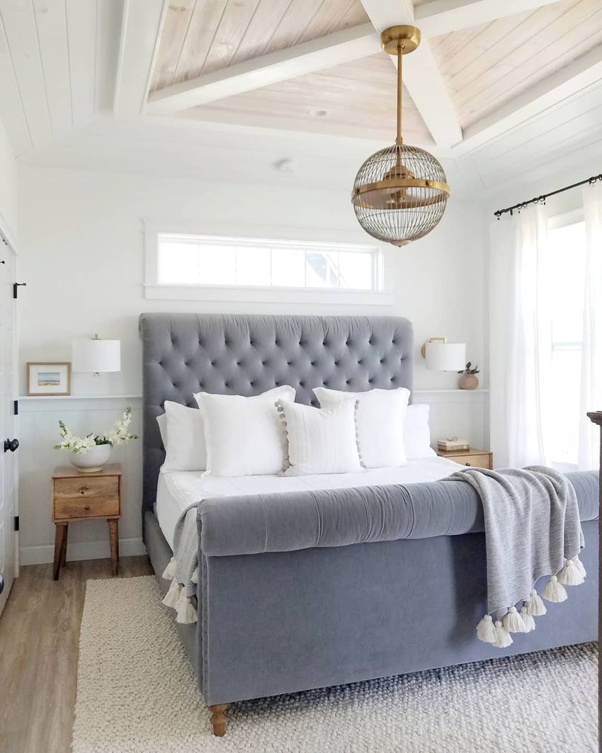 Grayish Blue Tufted Bed in Neutral Bedroom via @carcabaroad