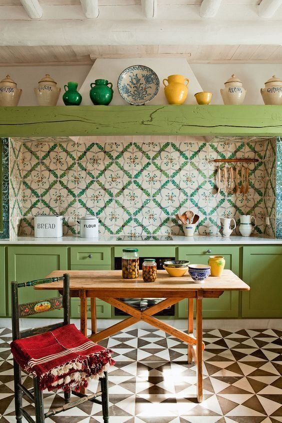 Green cabinets and Mosaic Tile Floor Bohemian Kitchen Ideas