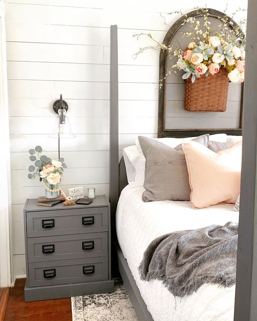 Hanging Flower Basket above Bed Farmhouse Spring Bedroom Decor via @farmhouse_on_chestnut