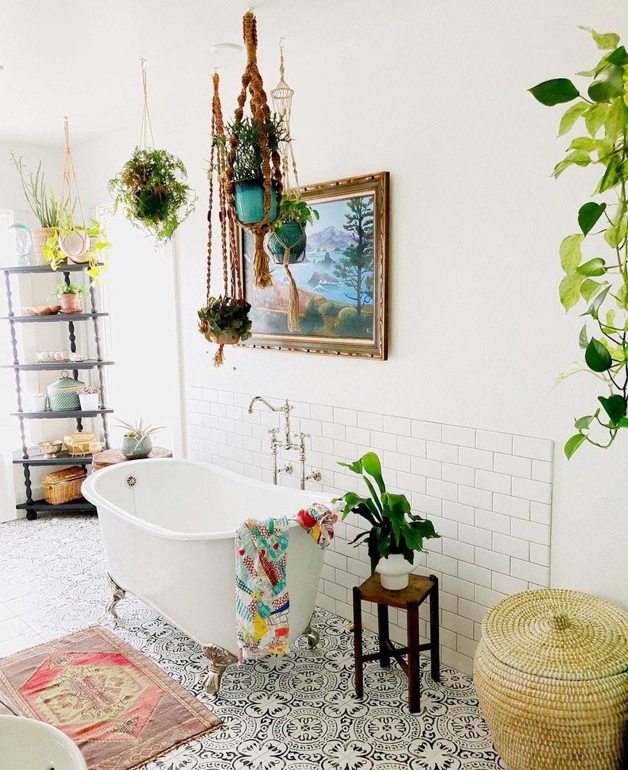 Hanging House Plants and encaustic floor tile in Bohemian Bathroom