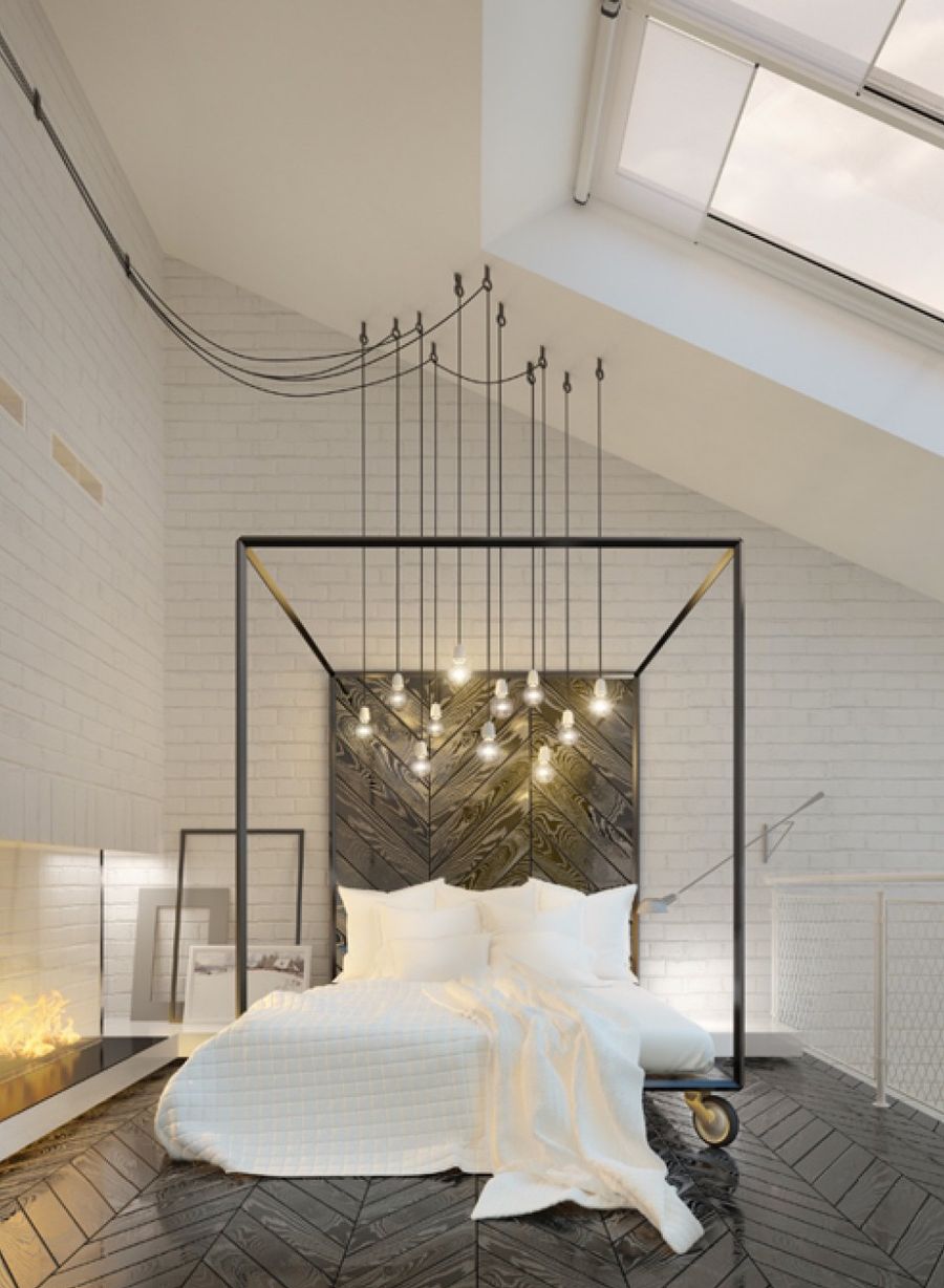 Hanging Light Bulbs in Industrial Bedroom via Anna Drokova
