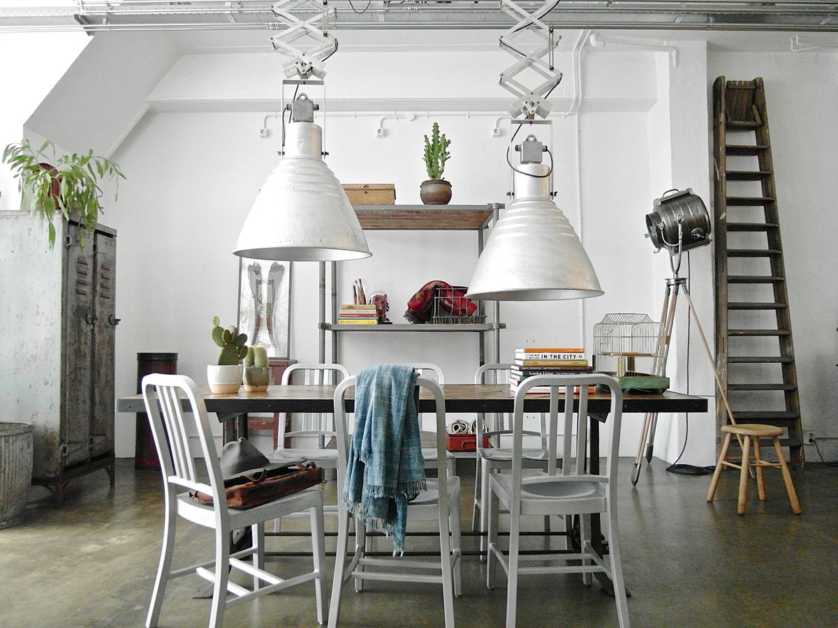 Industrial Dome Pendant Lighting in Industrial Dining Room Design via Harvest and Company Amsterdam