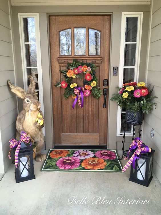 Large Bunny Near Front Door Easter Front Porch Decor via bellebleuinteriors