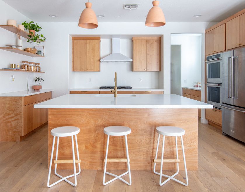 Light Wood Flat Panel Cabinets Mid-Century Modern Kitchen ideas via SOLLiD Cabinetry