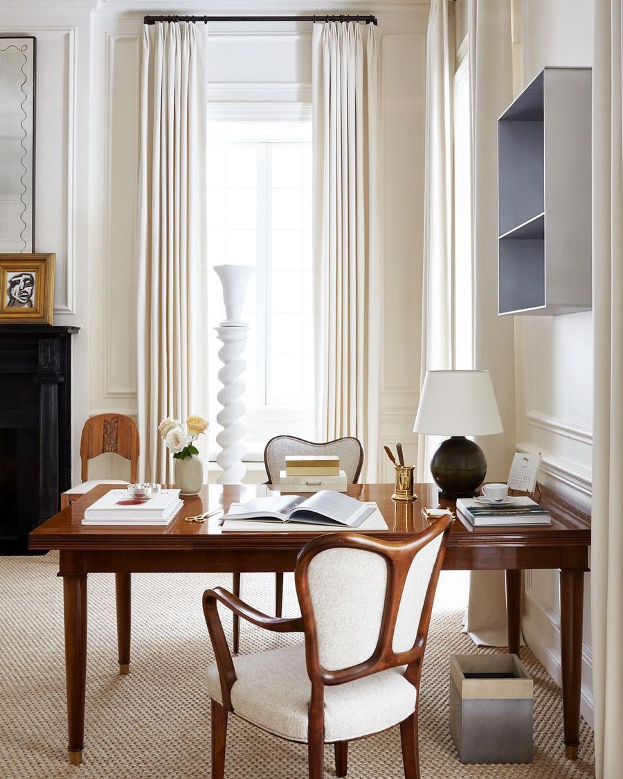 Mahogany Wood Furniture in Neutral Office Design via @alyssakapitointeriors