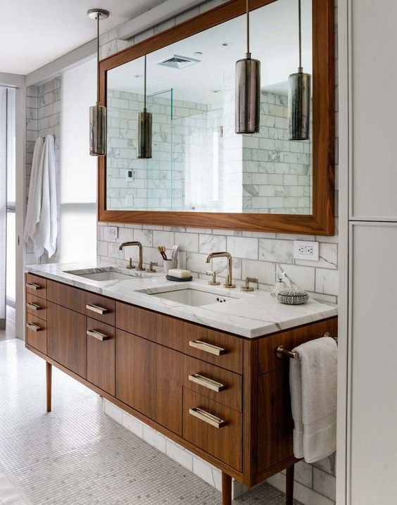 Marble Countertops Double Vanity in Mid-Century Modern Bathroom Design
