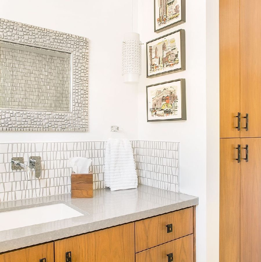 Mid-Century Modern Bathroom with Gray Geometric Tile and Brown Wood Cabinets via @theatomicranch