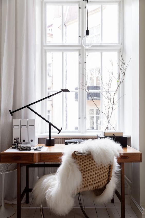 Mid-century Wood Desk in Scandi Home Office Decor via Residence Magazine SE