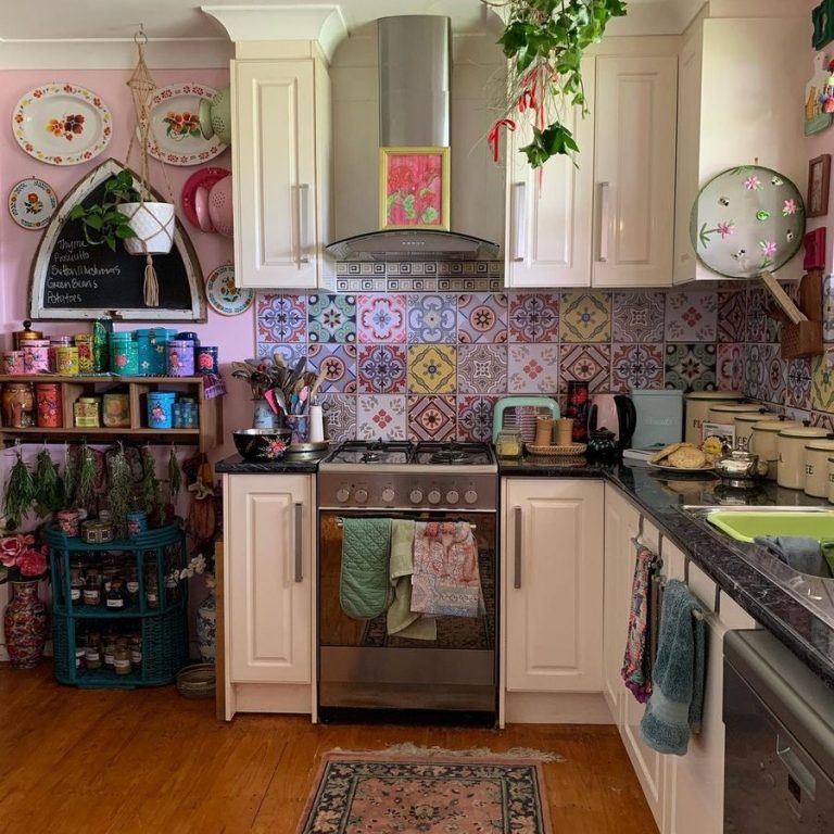 Mismatched Backsplash Tile In Bohemian Kitchen Decor Via @alexandrafelgate 768x768 