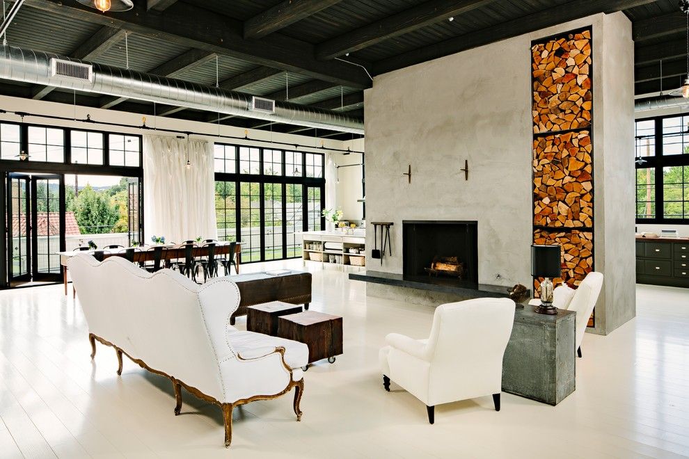 Modern Industrial Living Room Fireplace via Emerick Architects