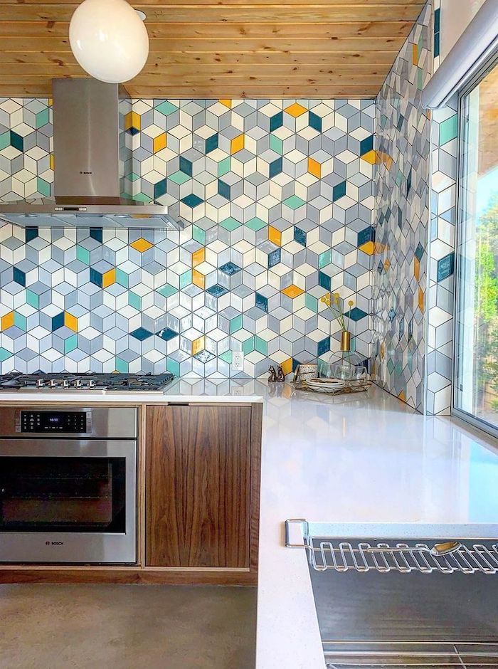 Modular Cube Backsplash in Mid-Century Modern Kitchen via @eichlerpalms