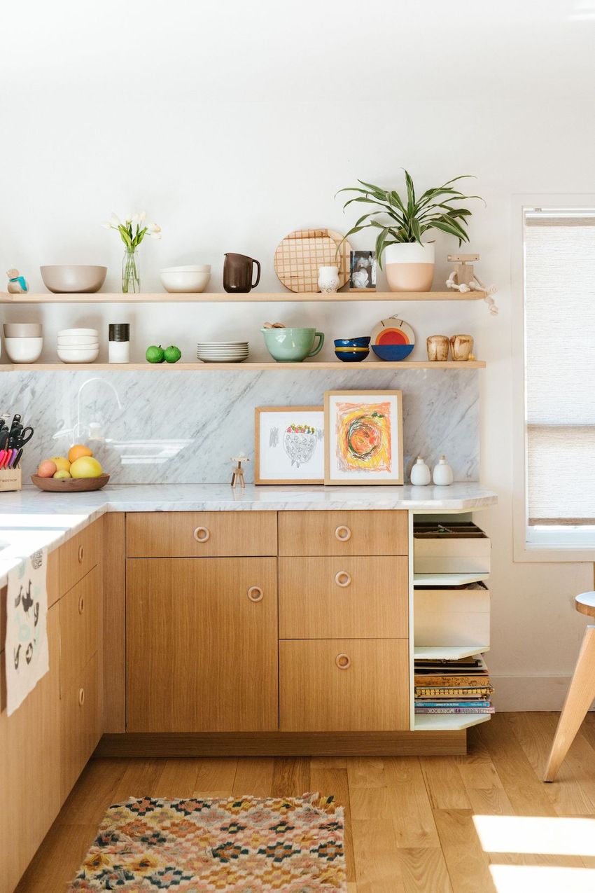 Open Shelving Mid-Century Modern Kitchen via Design Sponge and Nicki Sebastian