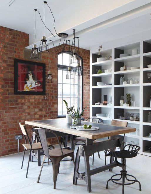 Open Wall Shelving in Industrial Dining Room via Oliver Burns