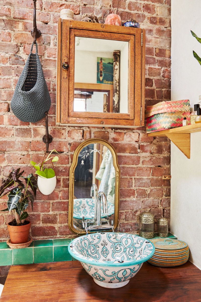 Painted Ceramic Sink Bohemian Bathroom via AARON BENGOCHEA