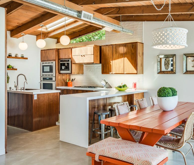 Painted White Brick Accent Wall in Mid-Century Modern Kitchen decor ideas Michelle Lord Interiors