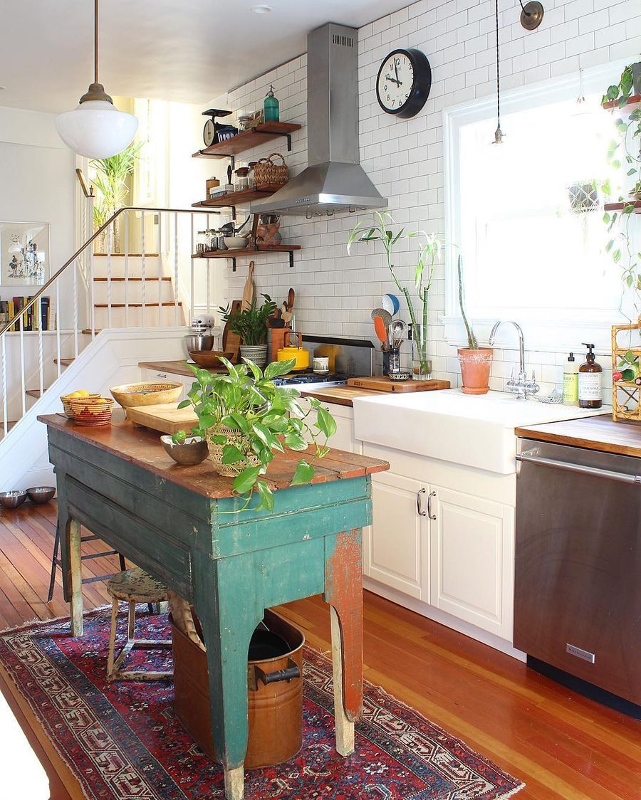 Painted Wood Kitchen Island Bohemian Kitchen via @ball_and_claw_vintage
