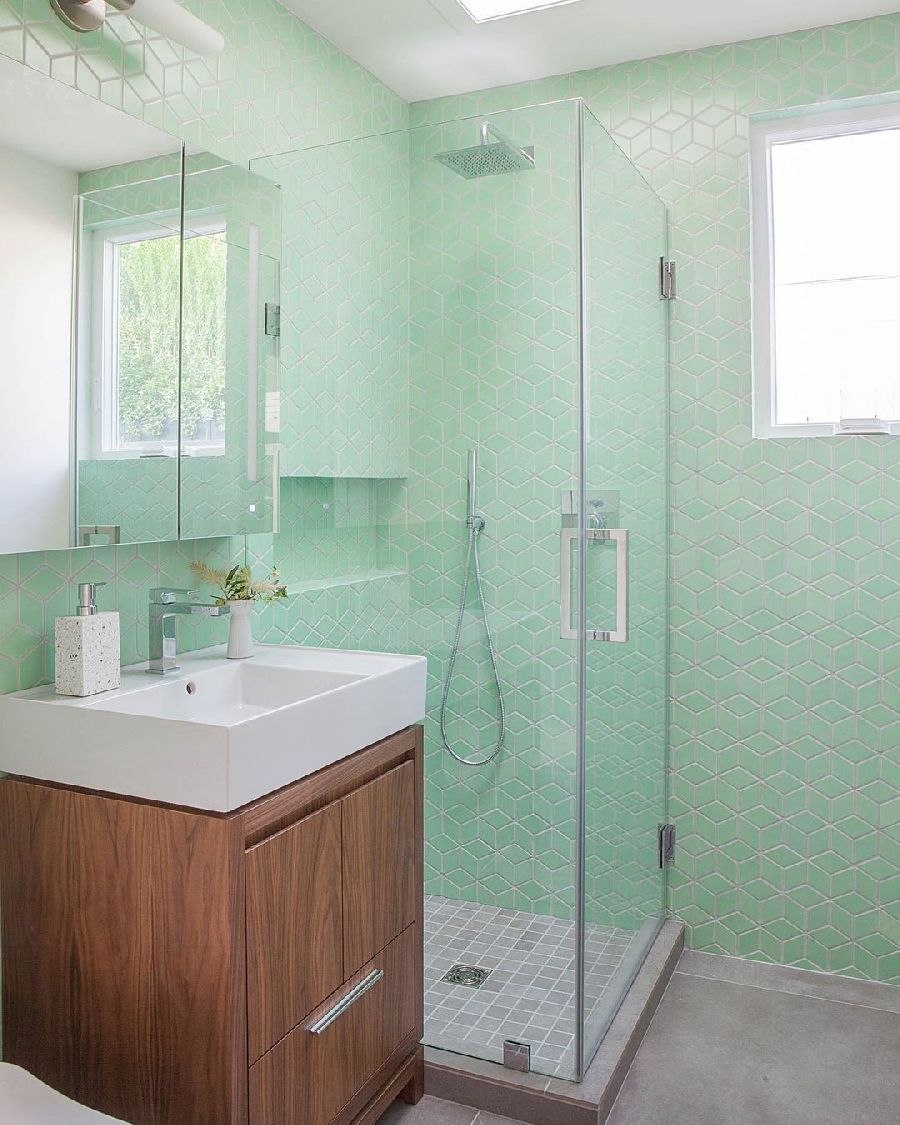 Pale Green Cubic Shower Tiling Mid-Century Modern Bathroom via @destinationeichler