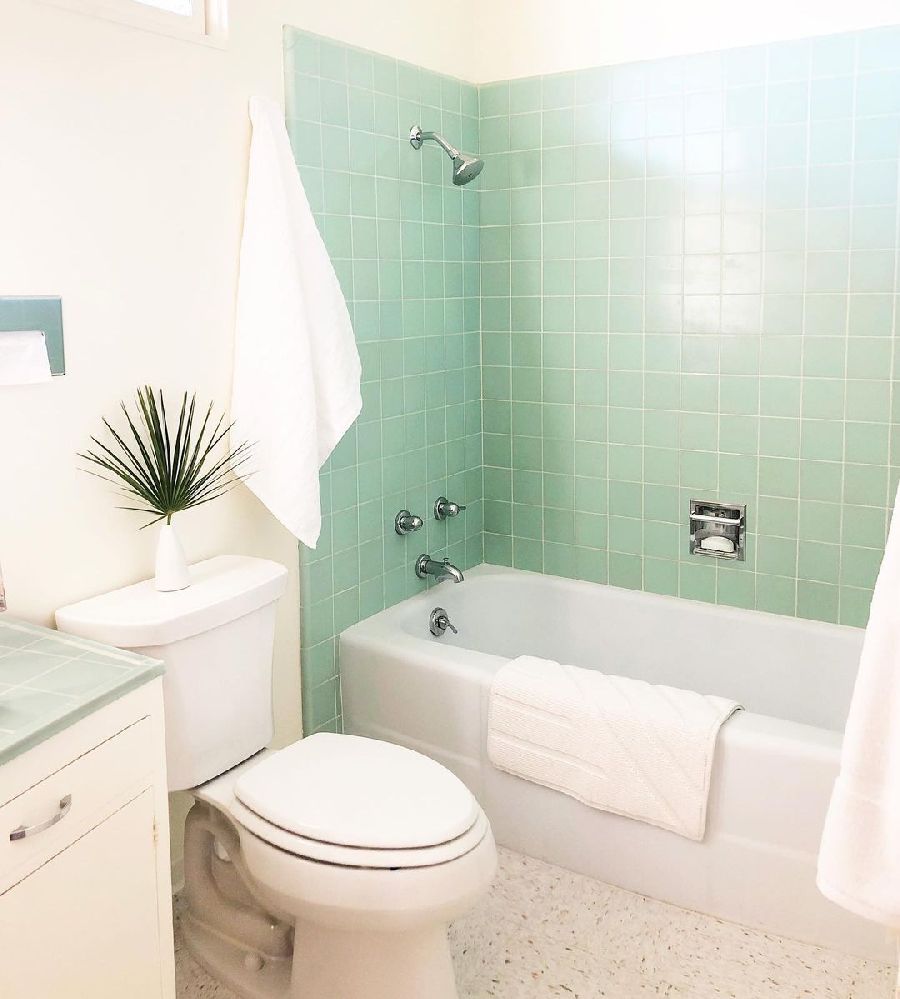 Pale Green Square Tile in Mid-Century Modern Bathroom via @melodrama