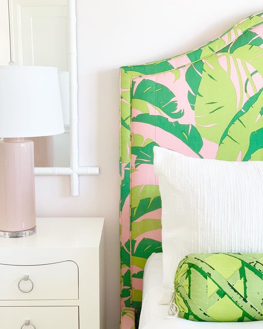 Palm Beach Style Pink and Green Upholstered Headboard Tropical Bedroom Decor via @karahebertinteriors