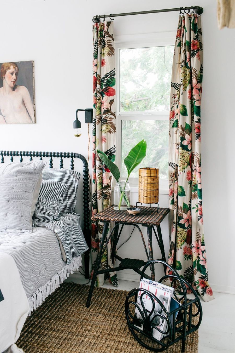 Palm Curtains in Tropical Bedroom