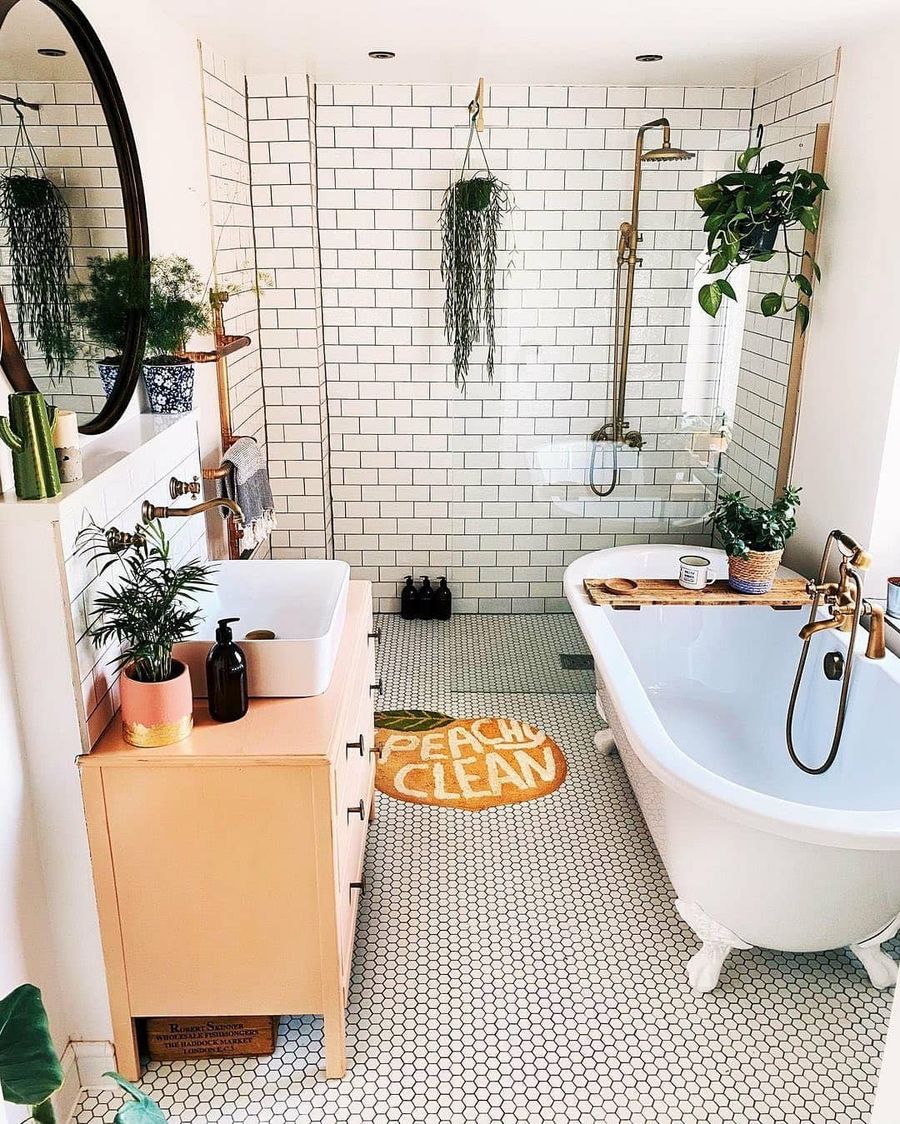 Peach Painted Bathroom Vanity Dresser in Modern Boho Bathroom, white subway tile with black grout via @homebythestation