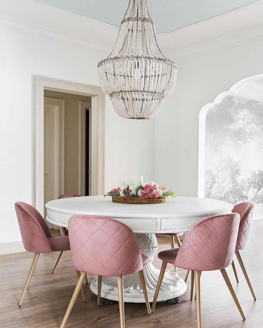 Dining table store and pink chairs