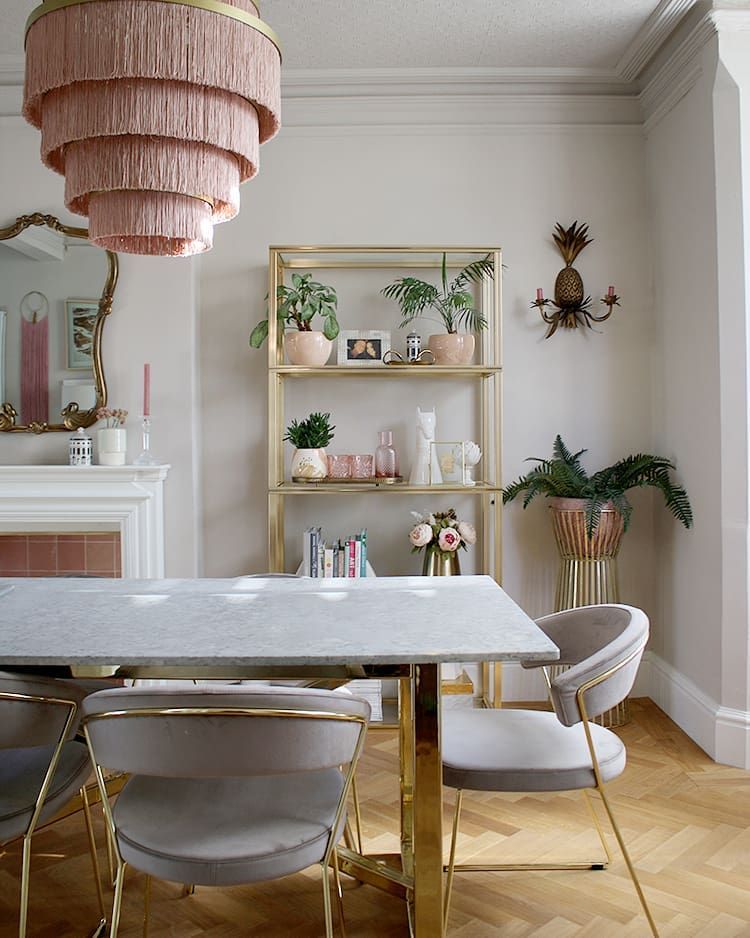 Pink Fringe Chandelier in Feminine Dining Room via @swoonworthyblog