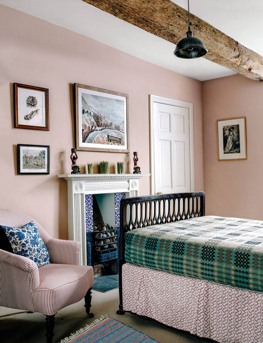 Pink Pastel Wall in English Country Bedroom via Charles O’Connor and Edward Greenall House and Garden