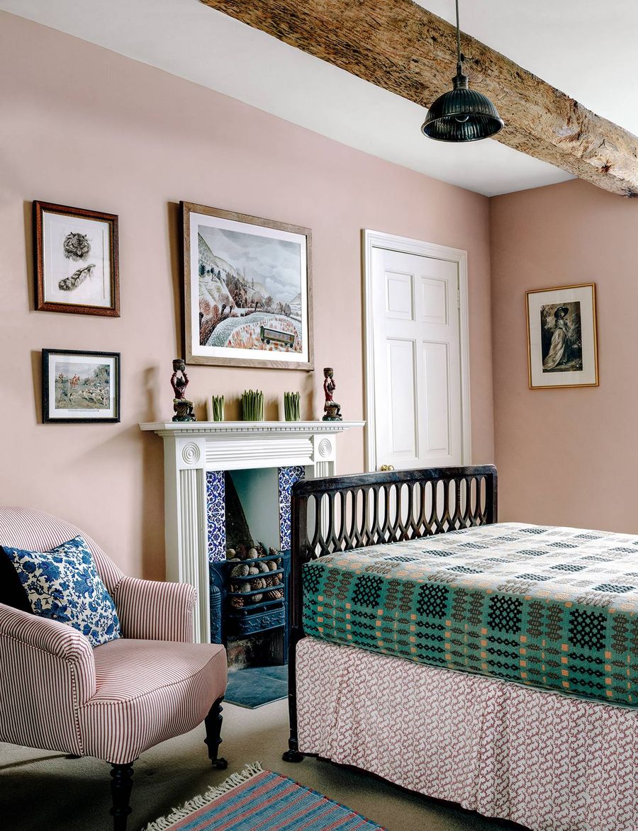 Pink Pastel Wall in English Country Bedroom via Charles O'Connor and Edward Greenall House and Garden