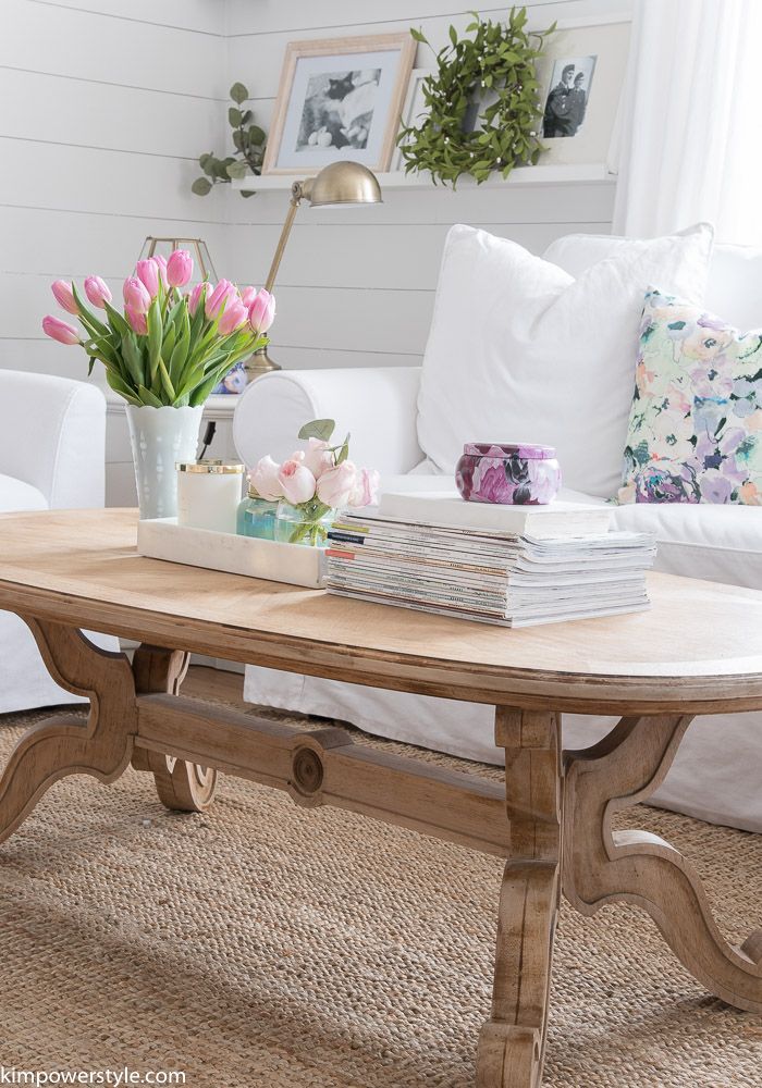 Pink Tulips Coffee Table Easter Decor ideas via Kimpowerstyle