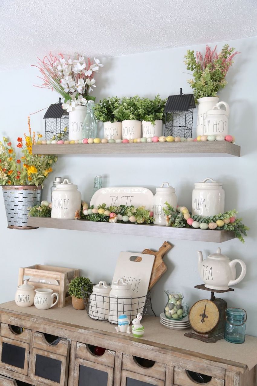 21 Cheerful Easter Home Decor Ideas   Rae Dunn Jars In The Kitchen For Easter Decor Via Weekendcraft 