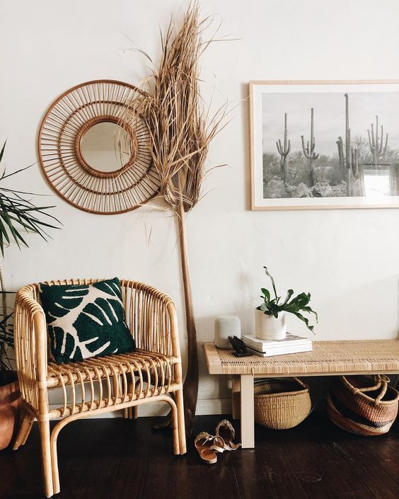 Rattan accent chair in Boho Desert Entryway Design