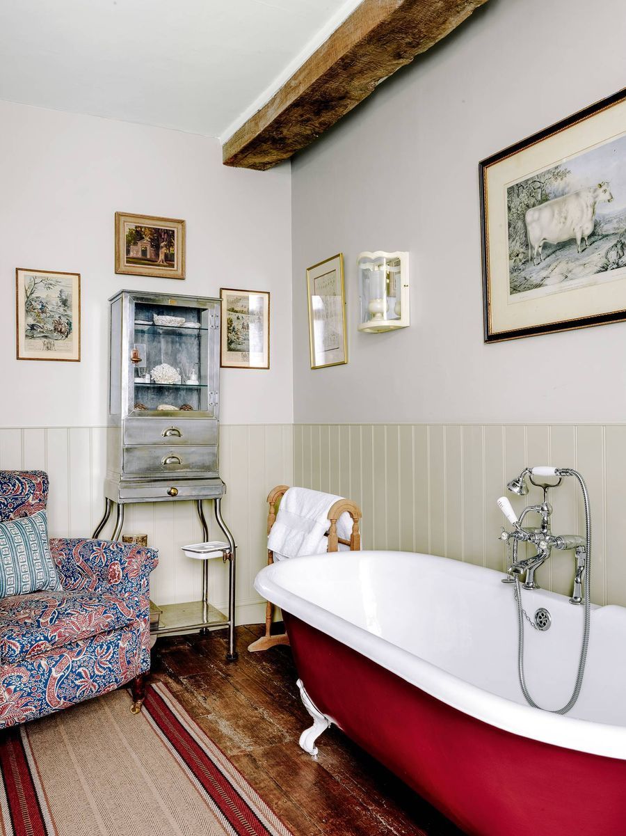 Red Clawfoot Tub in English Country Bathroom via Charles O’Connor and Edward Greenall House and Garden