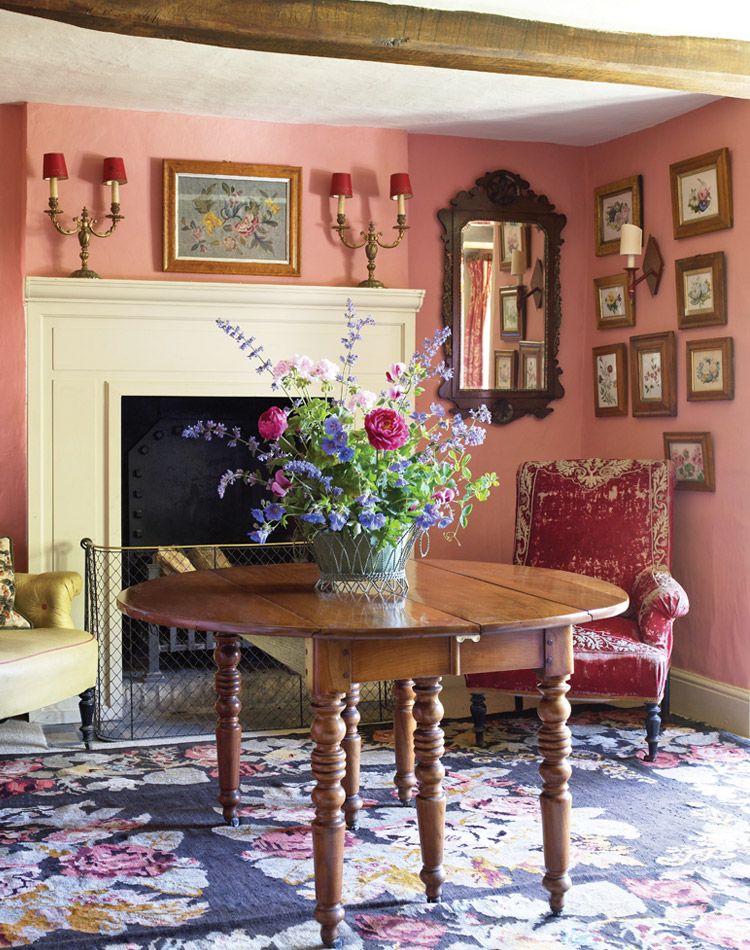 Round Wood Table in English Country Entryway via Victoria Mag