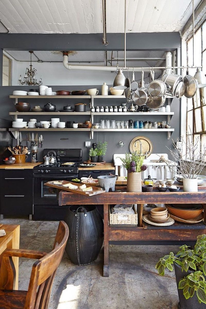 Rustic Wood Island in Industrial Kitchen