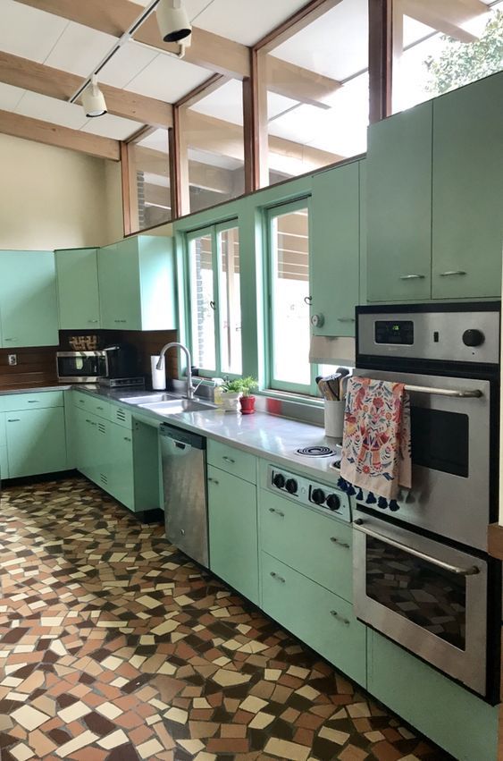 Sea Green Cabinets in Mid-Century Modern Kitchen