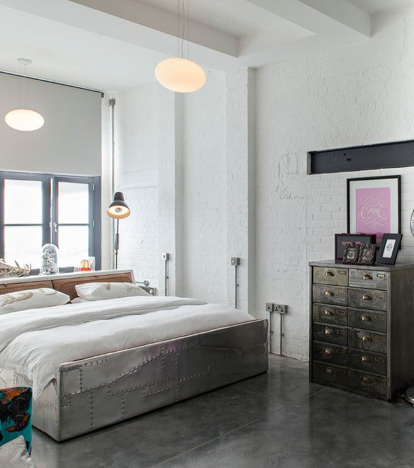 Silver Metal Bed and Metal Dresser in Industrial Style Bedroom Furniture Design via Chris Dyson Architects