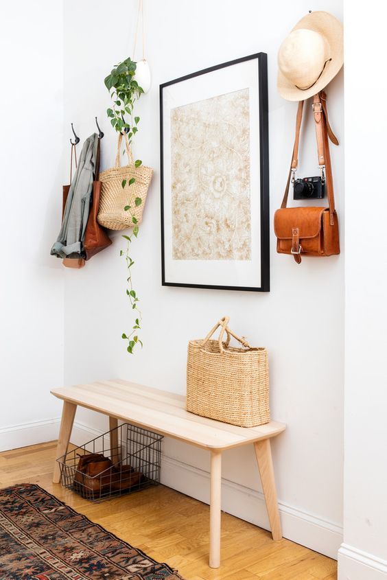 Simple Wood Bench in Boho Entryway Design