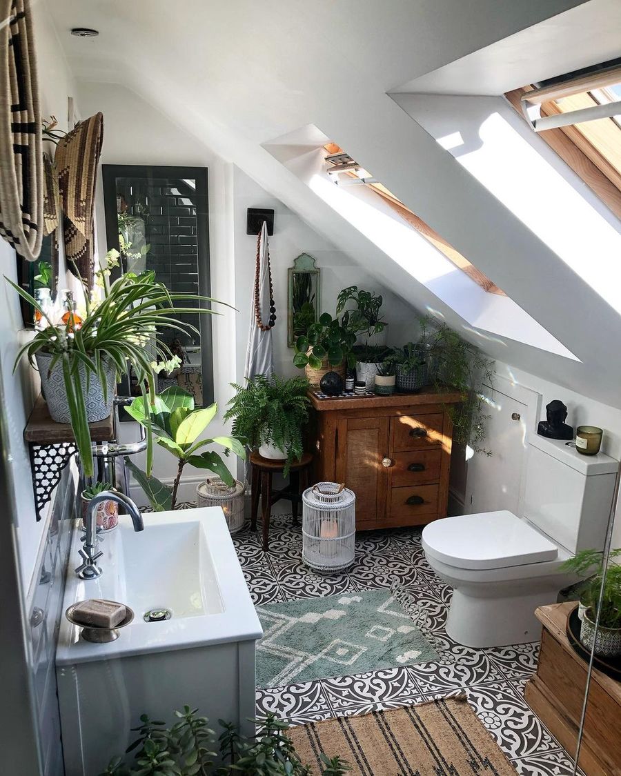Slanted Ceiling Small Space Bohemian Bathroom via @theresa_gromski