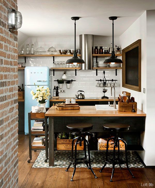 Smeg Fridge in Industrial Kitchen via My Leitmotiv