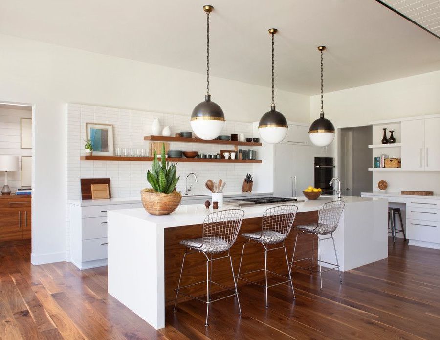 Spherical Pendant Lights in Mid-Century Modern Kitchen Island ideas Brittany Stiles Design