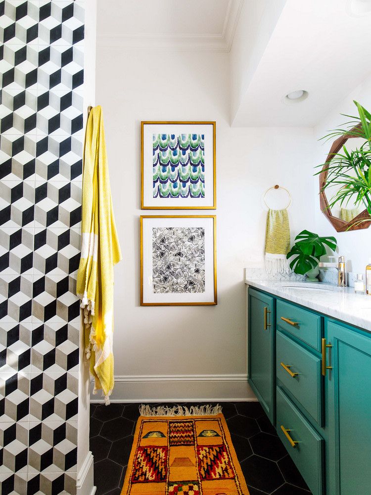 Teal Cabinets in Bohemian Bathroom via Dabito and Domino