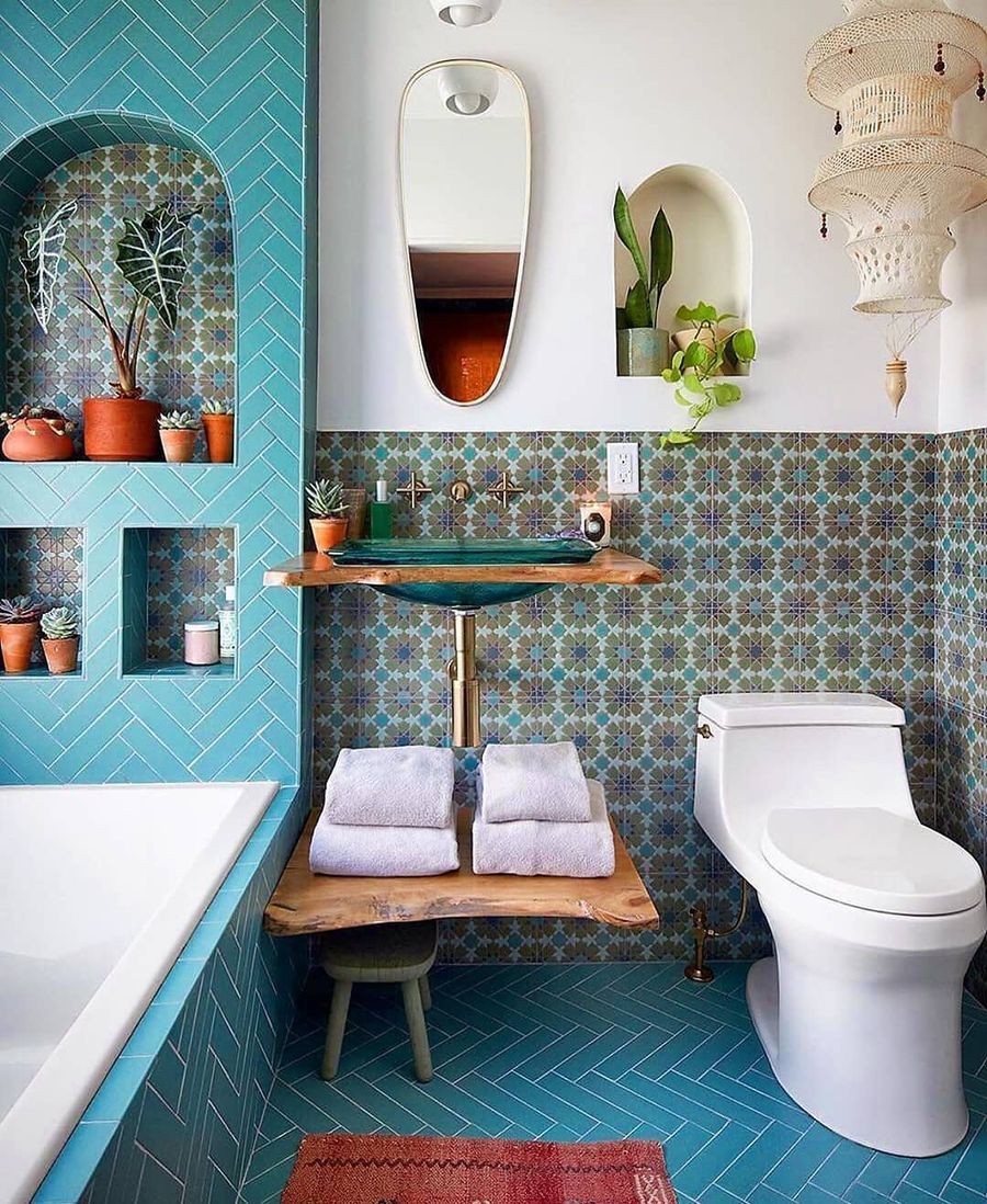 15 Bohemian Bathroom Decor Ideas Trends   Teal Glass Sink In Boho Bathroom Via @justinablakeney 