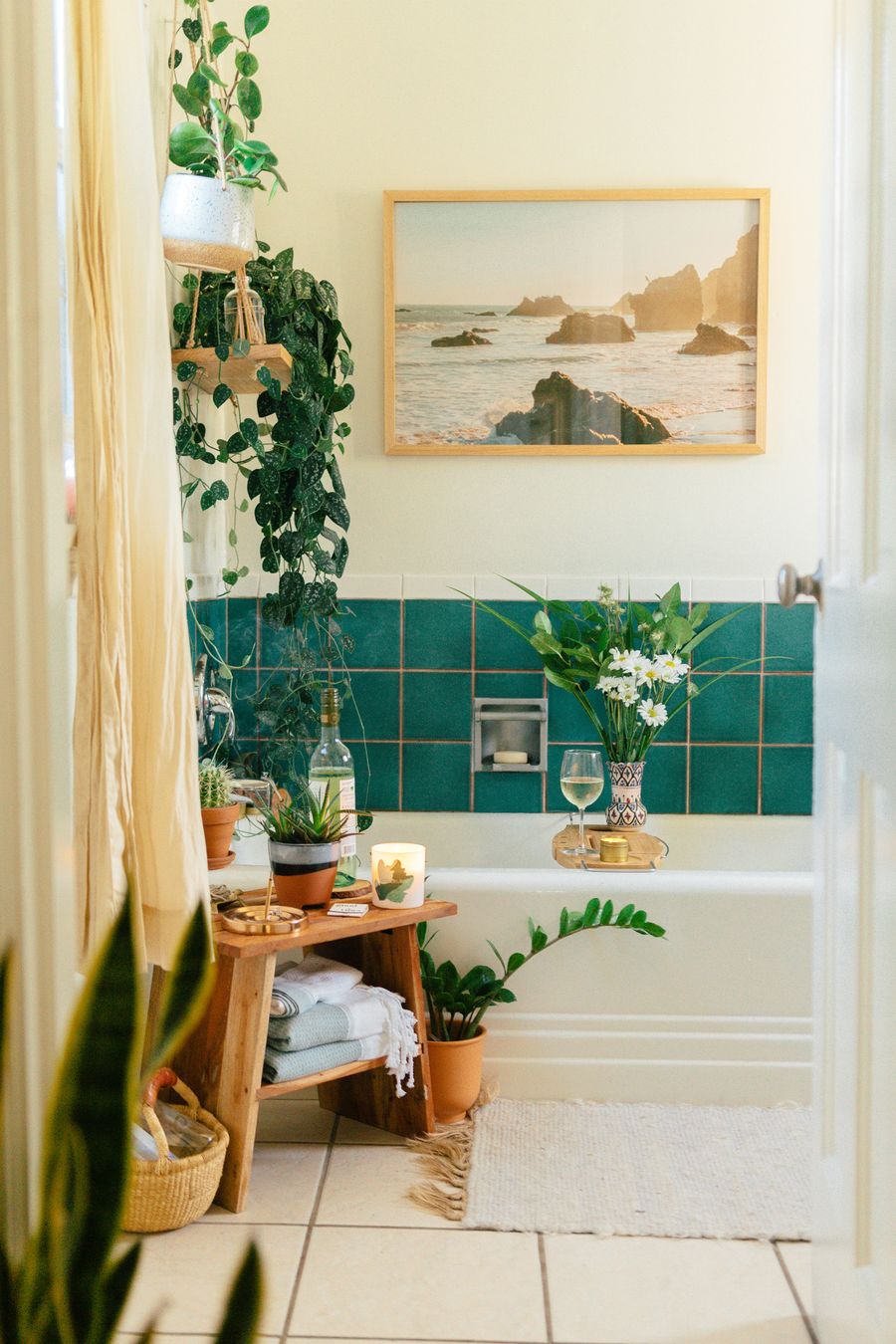 Teal Tile Backsplash Bohemian Bathroom via Black & Blooms