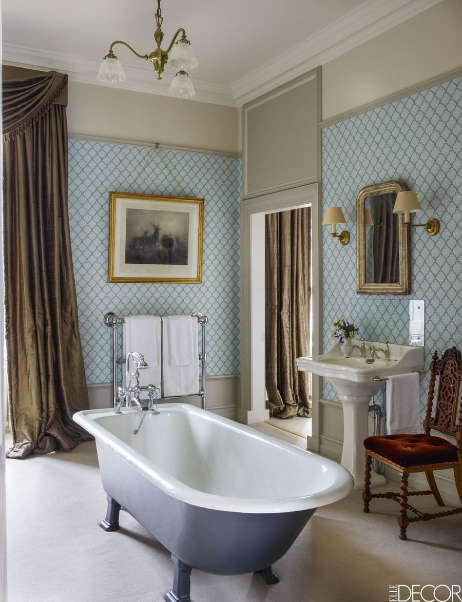 Thick Curtains in English country bathroom design at Somerleyton Hall Estate Elle Decor