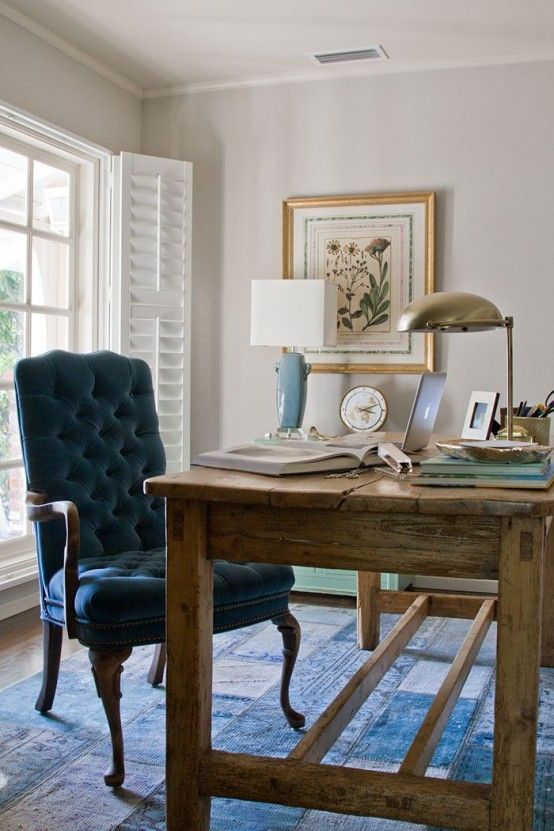 Traditional Blue Tufted Arm Chair in Classic Farmhouse Home Office Decor
